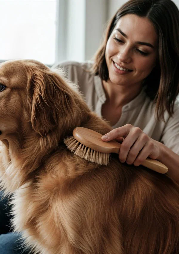 woman-grooming-golden-retriever-dog