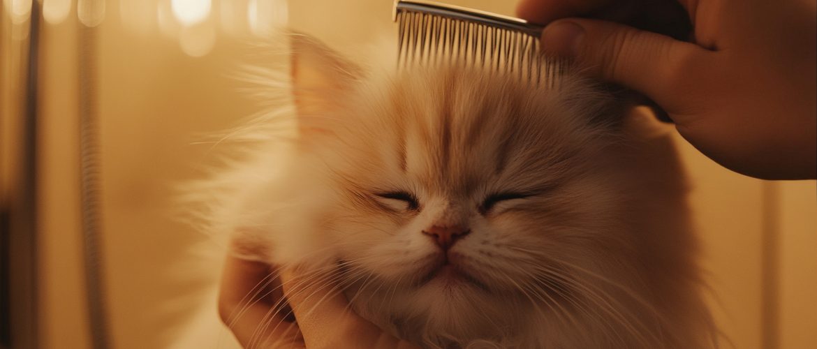 a person combing a cat